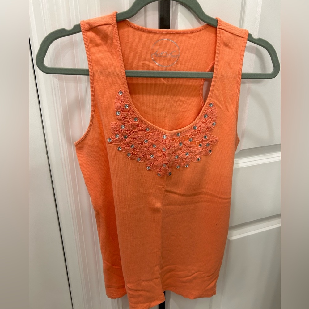 Inc Peach Sequined Racerback Tank Top, size Large, 18” pit to pit, 26” length